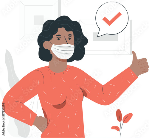 Woman wearing a face mask giving a thumbs up and approval gesture near a checkmark illustration