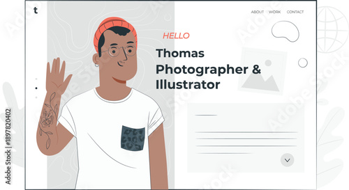 Illustrator greeting with a friendly gesture, showcasing creativity and artistic profession in a modern digital profile