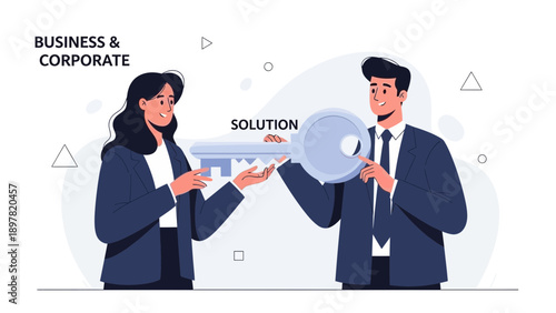 Business Solution Key: Man gives key to woman, corporate concept illustration