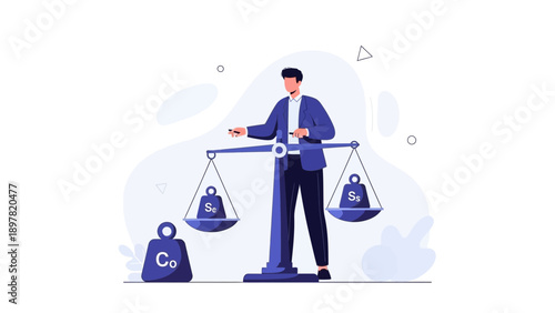 Businessman balancing weights on a scale, concept of decision making and choice