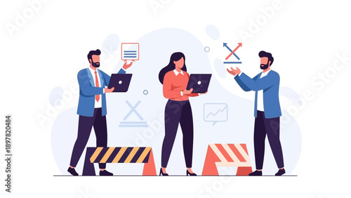 Teamwork analyzing data and overcoming obstacles for business growth