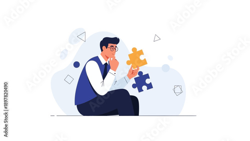 Man holding puzzle pieces, thinking about solution, business concept illustration