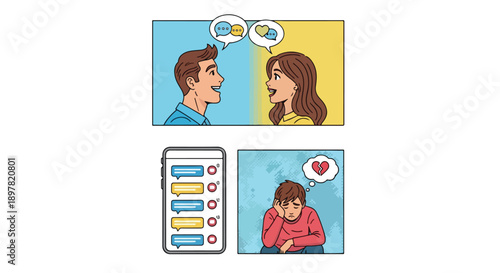 cartoon people communicating with mobile phone and love