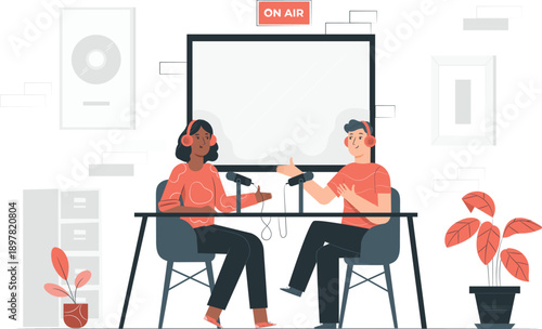 Two people recording a podcast in a studio with a live broadcast sign