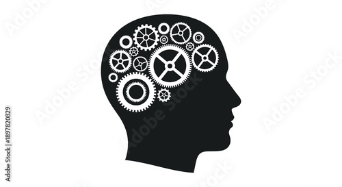 A stylized black silhouette of a human head contains numerous interlocking white gears symbolizing thought processes high quality