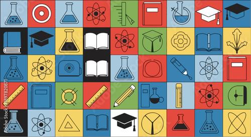 Collection of education and science icons on colored squares