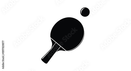 A simple black and white illustration depicts a ping pong paddle and ball suggesting the sport of table tennis