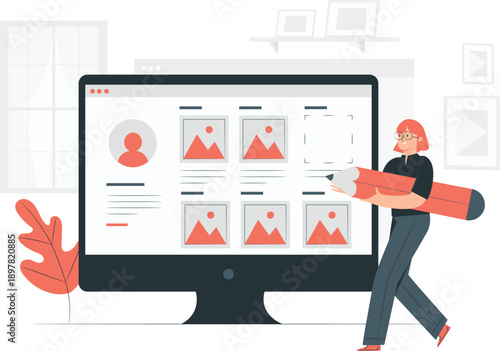 Woman managing digital content on a large computer screen in a modern workspace with various files and images displayed