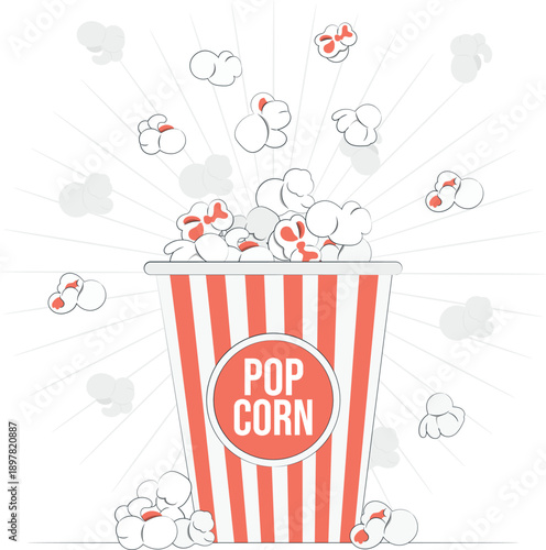A striped container overflowing with popcorn, viewed from a straightforward angle, showcasing a snack scene