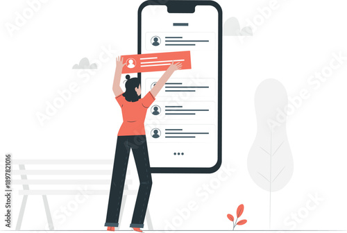 Woman interacting with large smartphone displaying social media interface in a serene outdoor setting