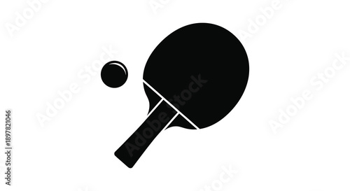 A minimalist black and white depiction showcases a ping pong paddle and ball representing the sport high quality professional detailed