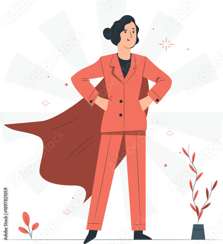 Confident businesswoman standing heroically with hands on hips wearing a cape in a professional illustration