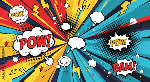 Colorful comic book style explosion background with speech bubbles