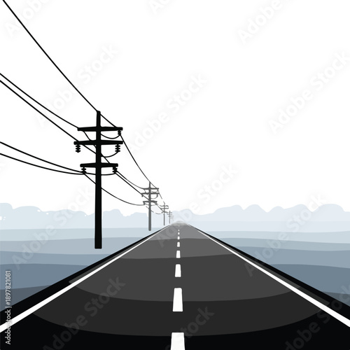 A long straight road with power lines