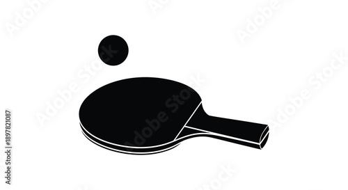 A minimalist black and white depiction showcases a table tennis paddle poised to strike a small round ball