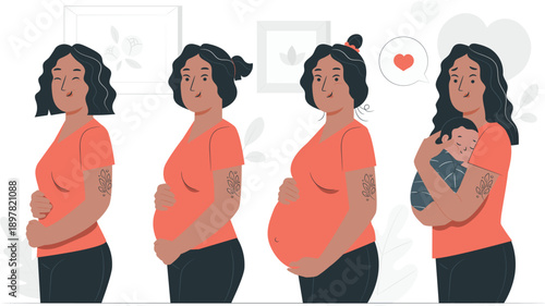 A woman's journey through pregnancy and motherhood stages depicted in a sequence of illustrations from different viewpoints.