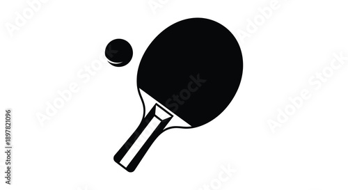 A simple black and white illustration depicts a ping pong paddle and ball showcasing equipment for the sport
