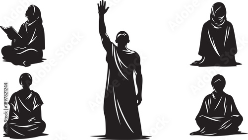 Silhouette of people in various yoga poses and meditation