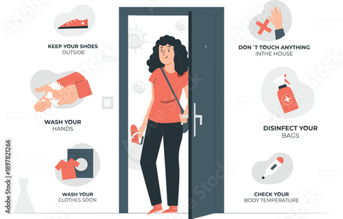 Woman entering home with safety precautions shown around her in a graphic illustration