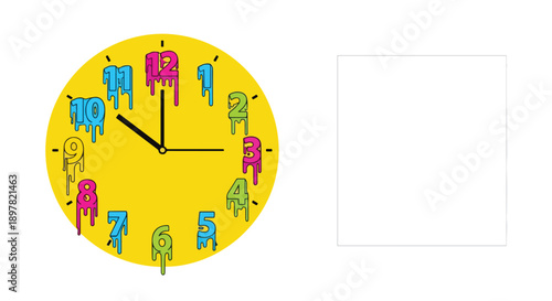 Colorful melting clock on yellow background isolated on transparent background