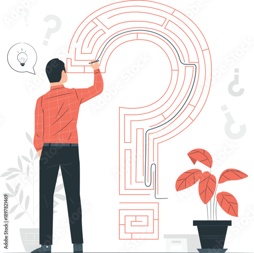 Man navigating through a complex maze to find the answer to a question