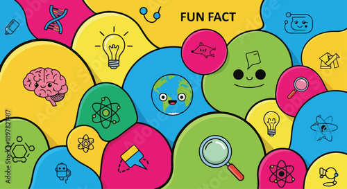 Colorful science and education icons in bubbles with fun fact label
