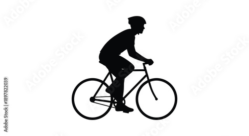 A stark silhouette depicts a cyclist in motion riding a bicycle with defined form and classic design
