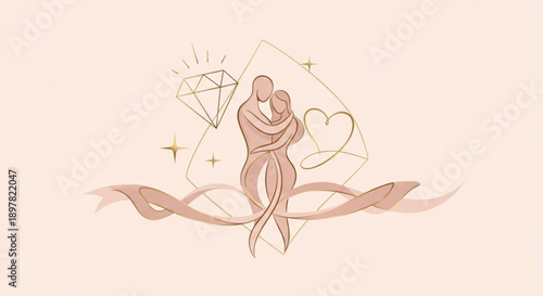 Loving couple embracing with diamond heart symbol on cream background