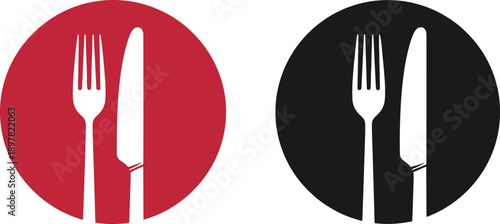 Fork and knife icons on red and black circular backgrounds, dining symbol for restaurant menu, cafe, and food service.