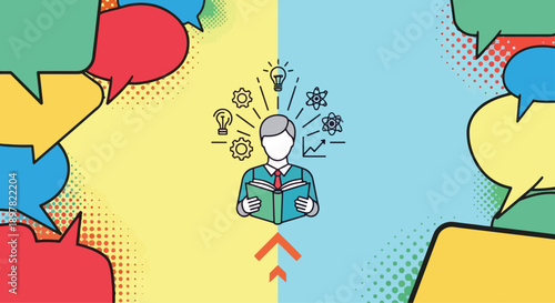 Man reading book with ideas and thoughts emerging from it