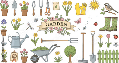 Garden tools and spring flowers, wheelbarrow, watering can, boots, shovel, rake, gloves, plants, bird, butterfly, insects, gardening outdoor hobby,