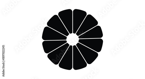 A striking graphic depicts a black floral or sunburst design with symmetrical petal like shapes on white high quality