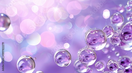 Beautiful close-up of bubbles floating in soft pastel background with sparkling lights and gentle purple hues