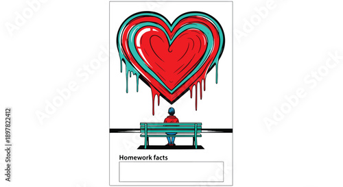 person sitting on bench under large red heart