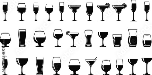 Glassware icons for cocktails, wine, beer, and spirits, bar menu drink silhouettes, beverage stemware collection for restaurant design, isolated vector