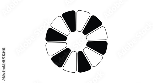 A simplistic black and white circular graphic features alternating wedge shaped sections presenting a dynamic balanced design high quality