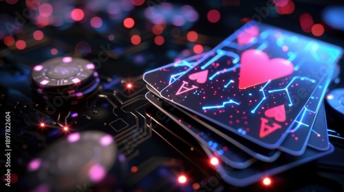 Futuristic Playing Cards with Heart Symbols on Casino Table Surrounded by Chips and Colorful Lights