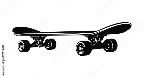 A minimalist black and white illustration depicts a skateboard showcasing its deck trucks and wheels high quality professional detailed modern