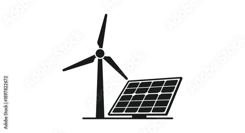 A minimalist black and white illustration depicts a wind turbine and a solar panel symbolizing renewable energy sources