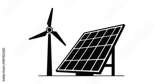 A minimalist black and white illustration depicts a wind turbine and a solar panel symbolizing renewable energy sources