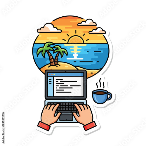 A laptop with a tropical island scene behind