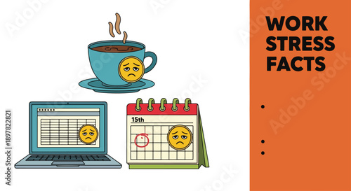 Work stress facts with unhappy emoticons on devices