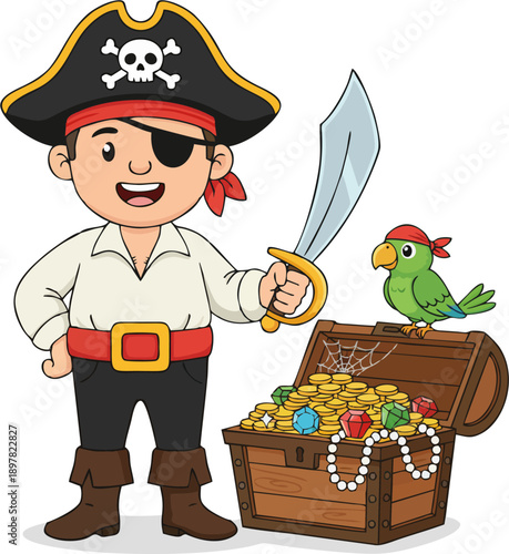 Adorable Chibi Pirate Boy with Sword and Green Parrot Beside Open Spider-Web Treasure Chest Overflowing Gold Coins Gems and Pearls