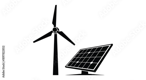 A minimalist black and white illustration depicts a wind turbine and a solar panel symbolizing renewable energy sources high quality