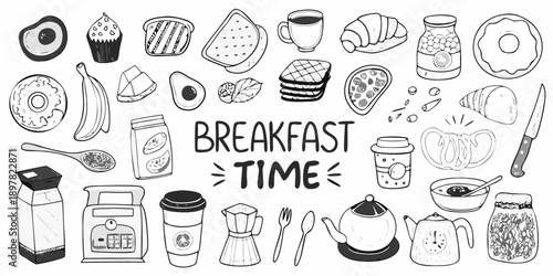 A charming black and white illustration of various breakfast foods and items