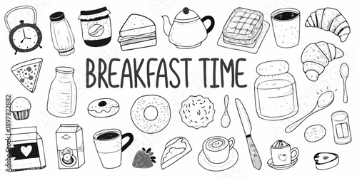 A hand drawn collection of breakfast items and related objects