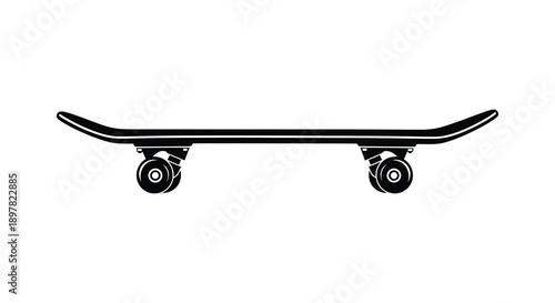 A minimalist black and white side view illustration depicts a standard skateboard with four wheels high quality professional detailed modern