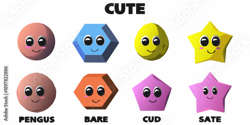 Colorful geometric shapes with smiling faces and playful character names