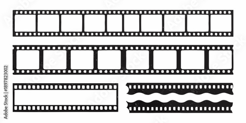 Black and white film strips with sprocket holes and wavy edges