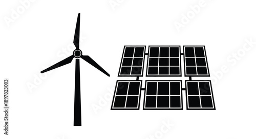 A simplistic black silhouette depicts a wind turbine alongside a group of solar panels symbolizing renewable energy